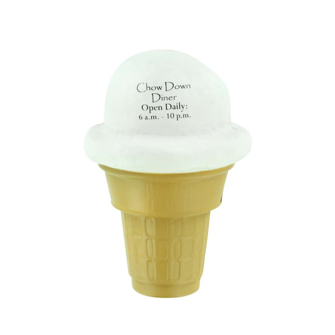 An ice cream-shaped stress reliever in cream and brown, featuring a textured cone and a rounded top. An ice cream-shaped stress reliever in cream and brown, featuring a textured cone and a rounded top.