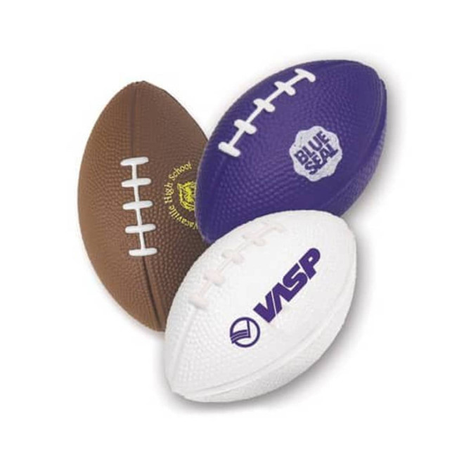A set of three rugby-shaped stress relievers in brown, purple, and white, featuring different logos.