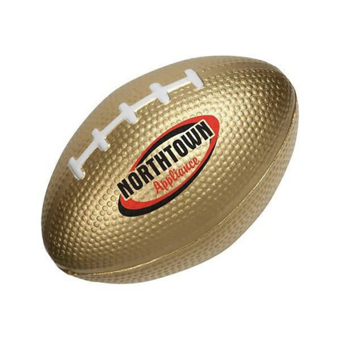 A gold rugby-shaped stress reliever with white laces and a logo. Ideal for fun and stress relief.