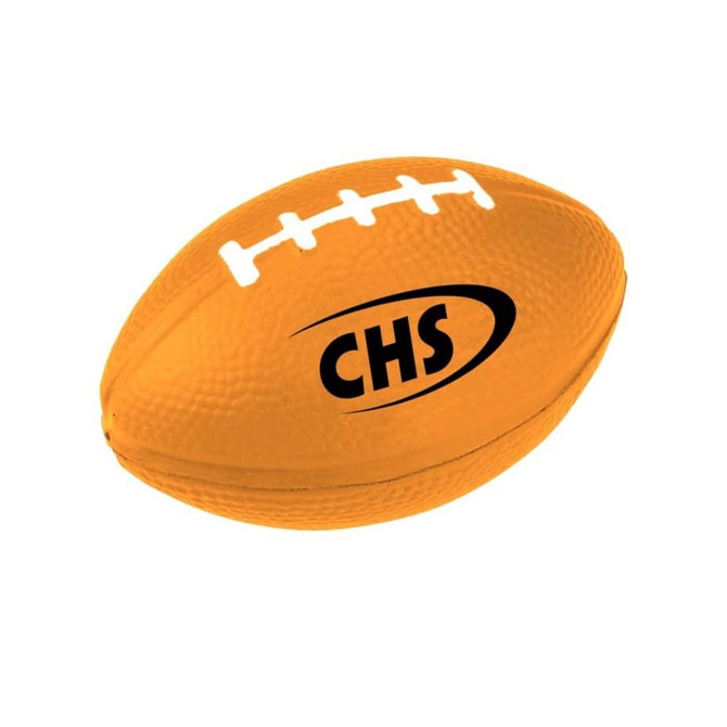 An orange rugby-shaped stress reliever with textured surface and a logo on one side.