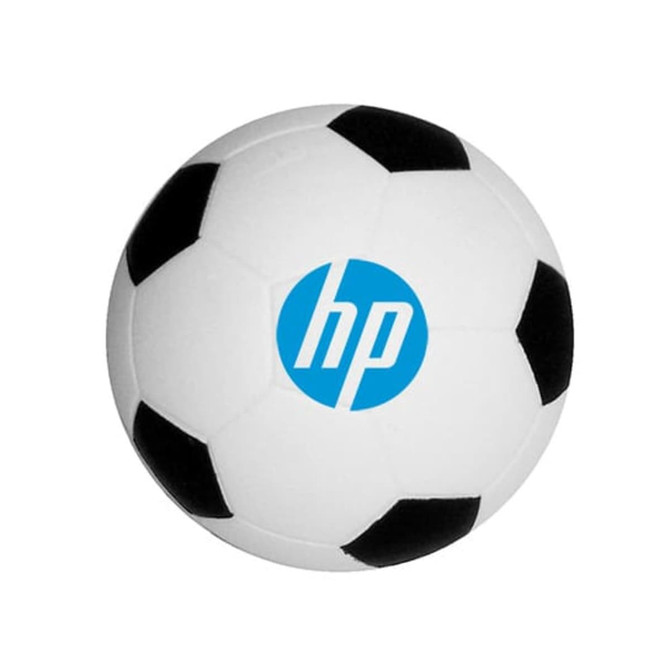 A 63mm football-shaped stress reliever in white and black, featuring a logo on the surface.