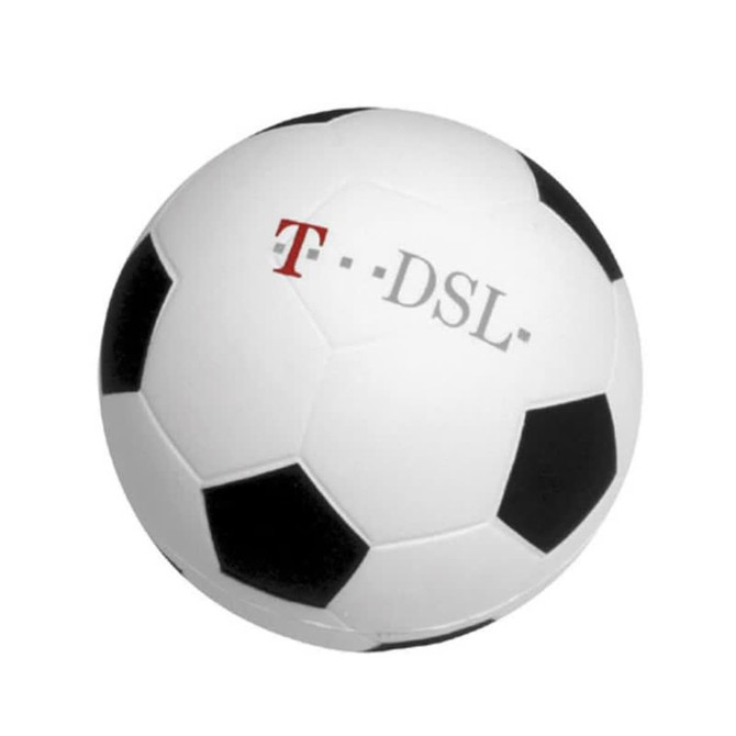 A 63mm white and black football-shaped stress reliever with a logo printed on its surface.