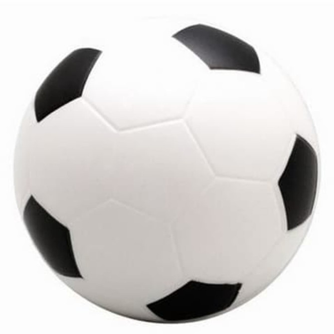 A white and black football-shaped stress reliever, featuring a classic design with hexagonal patches and a logo.