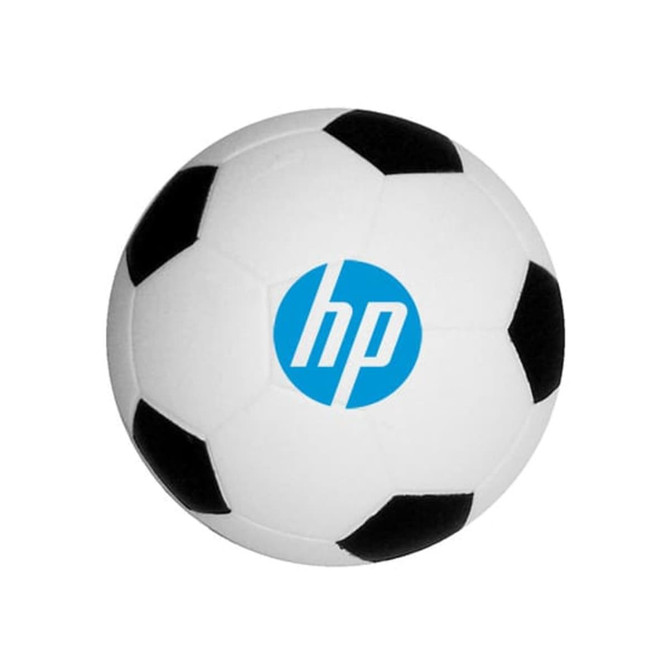 A football-shaped stress reliever in white with black patches, featuring a blue logo.