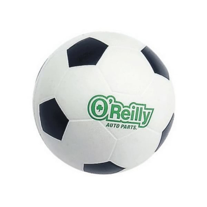 A 98mm football-shaped stress reliever in white and black, featuring a logo on its surface.