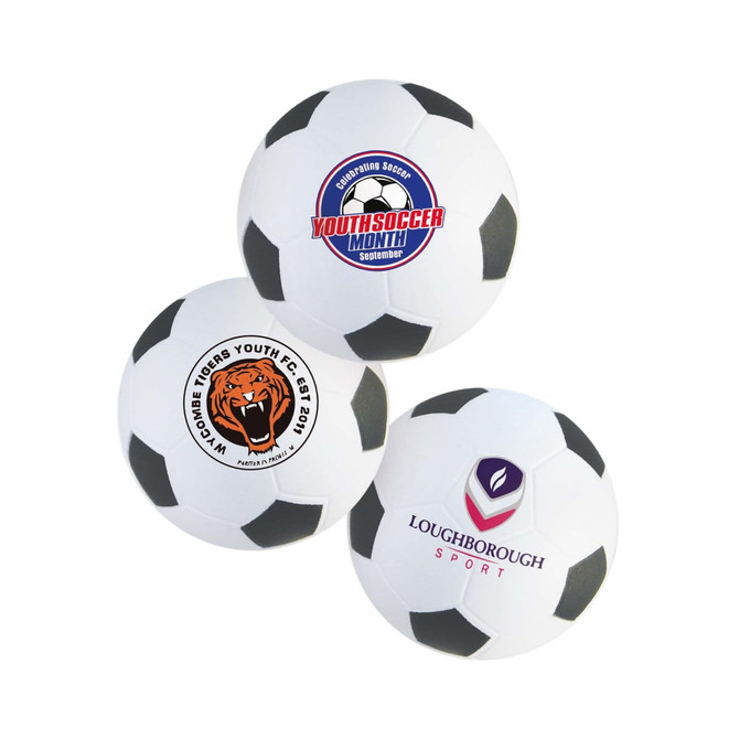 Three football-shaped stress relievers in white with black patches, featuring various logos and designs.
