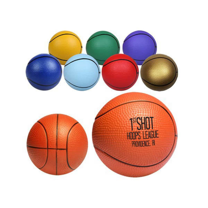 A collection of 63mm basketball-shaped stress relievers in orange, blue, purple, green, red, and gold, with a logo.