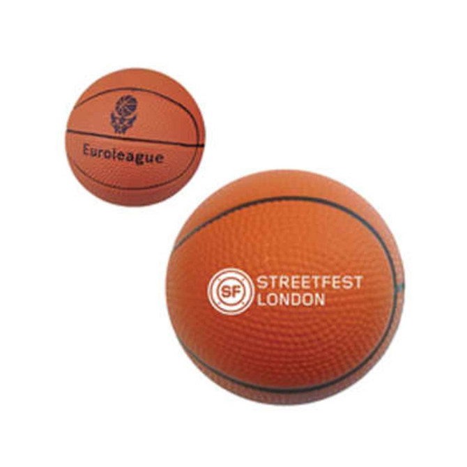 An orange basketball-shaped stress reliever with a textured surface and visible branding on one side.