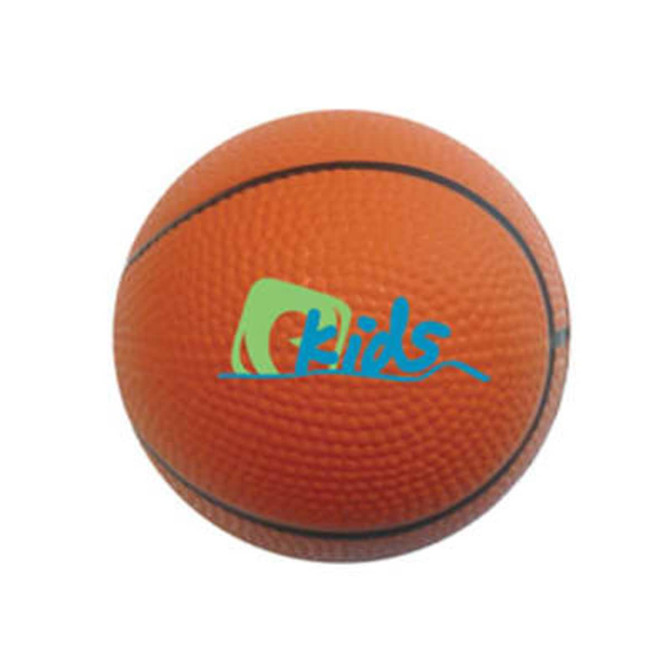 An orange basketball-shaped stress reliever with a textured surface and a logo.