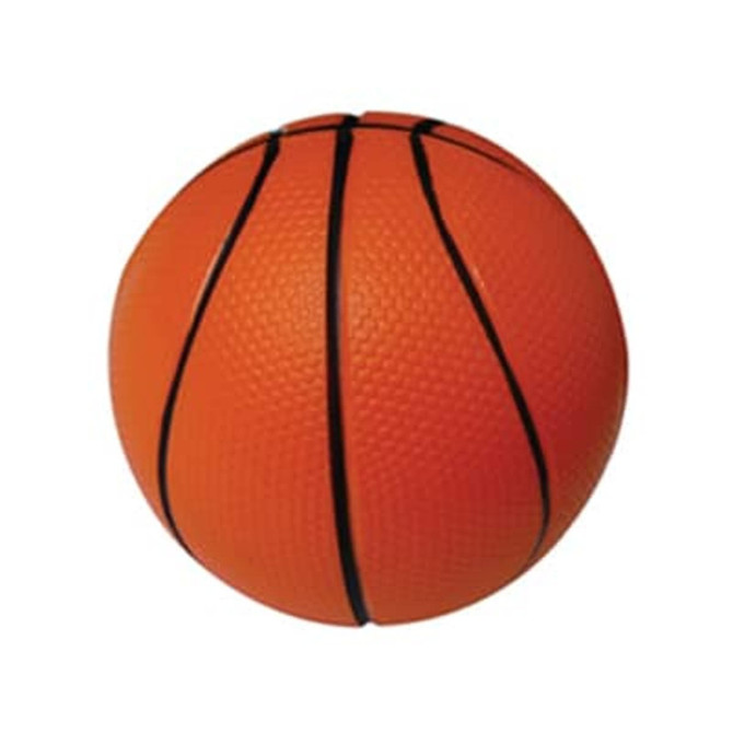 An orange basketball-shaped stress reliever with textured surface and black lines. It has a logo.