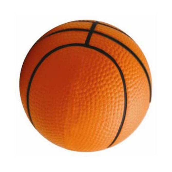 An orange basketball-shaped stress reliever with black detailing, featuring a textured surface.
