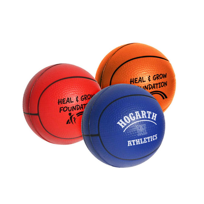 A set of three 100mm basketball-shaped stress relievers in red, orange, and blue, featuring various logos.