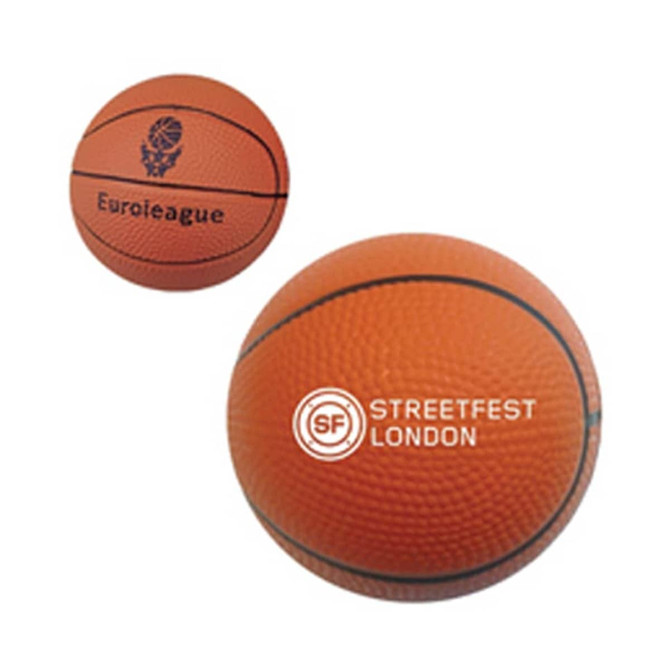An orange basketball-shaped stress reliever with textured surface and printed logos.