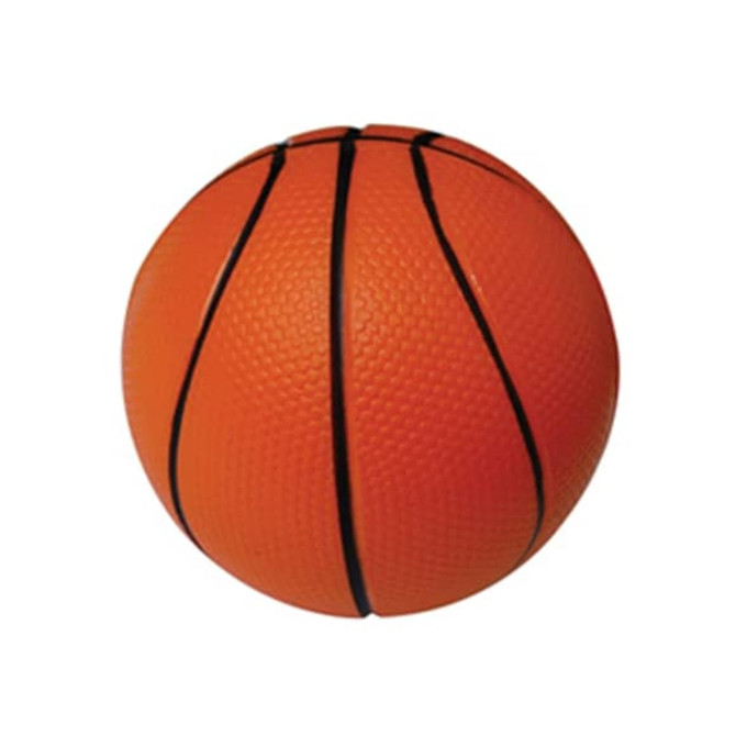 An orange basketball-shaped stress reliever with black lines, featuring a textured surface.