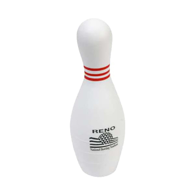 A bowling pin-shaped stress reliever in white with red stripes and a logo on the front.