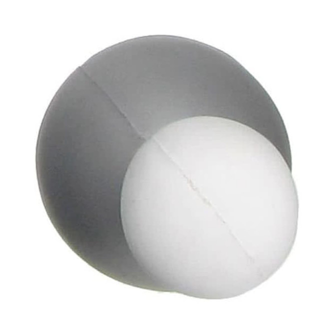 A bowling pin-shaped stress reliever in grey and white, featuring a smooth, soft texture and a logo.