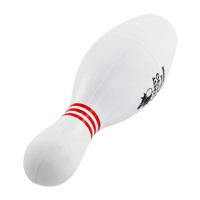 A bowling pin-shaped stress reliever in white with red stripes and a logo on the surface.