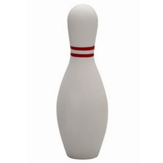 A bowling pin-shaped stress reliever in white with red stripes. The item features a logo.