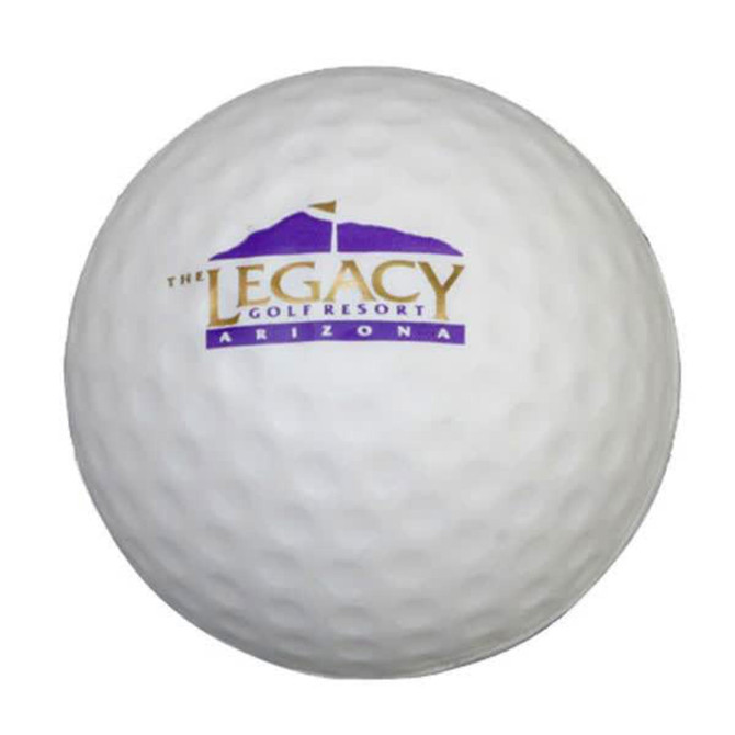 A white golf ball-shaped stress reliever featuring a logo. The textured surface resembles a real golf ball.