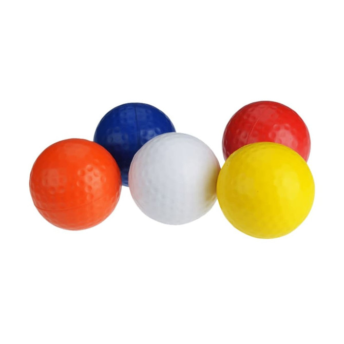 A selection of golfball-shaped stress relievers in orange, blue, white, red, and yellow, featuring a textured surface.