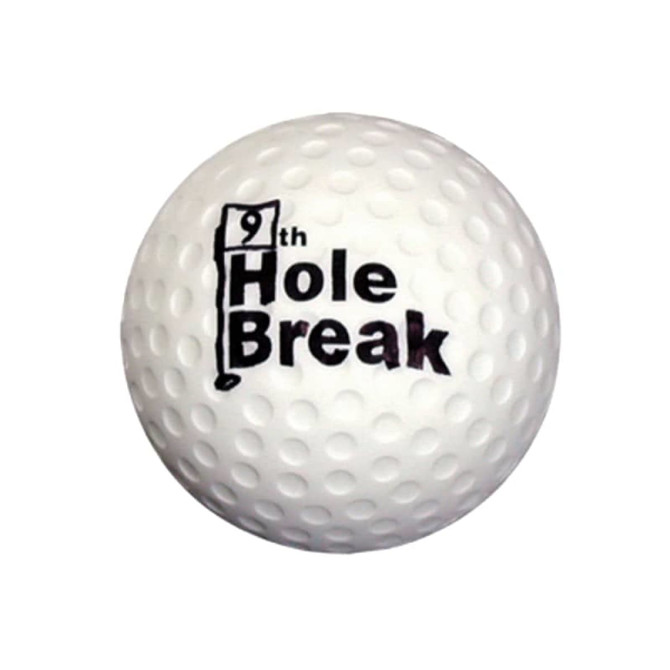 A golf ball-shaped stress reliever in white with a logo featuring black text.