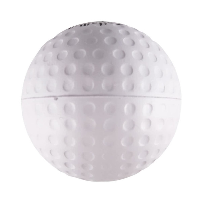 A white golf ball-shaped stress reliever with a textured surface, featuring an unspecified logo.