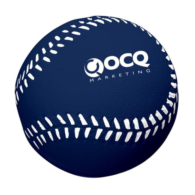 A navy blue baseball-shaped stress reliever featuring white stitching and a logo.