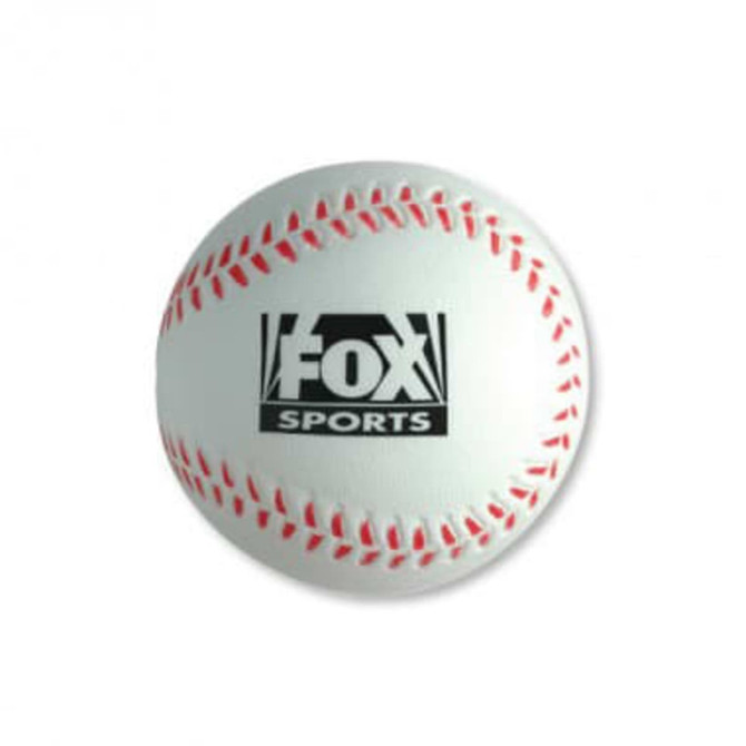 A white stress ball shaped like a baseball, featuring red stitching and a logo.