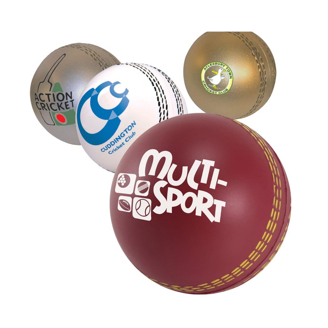 A collection of cricket ball-shaped stress relievers in various colours, featuring different logos and designs.