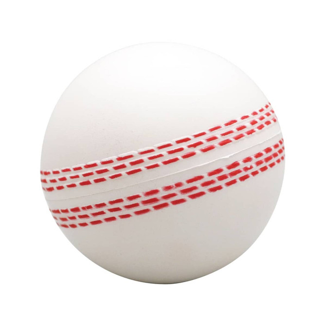 A white stress ball shaped like a cricket ball, featuring red stitching details and a smooth surface.