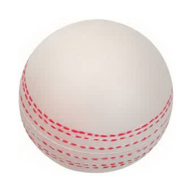 A cricket ball-shaped stress reliever, featuring a white exterior with red stitching details.