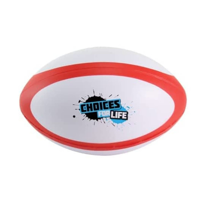 A white and red stress rugby ball featuring a logo on one side.