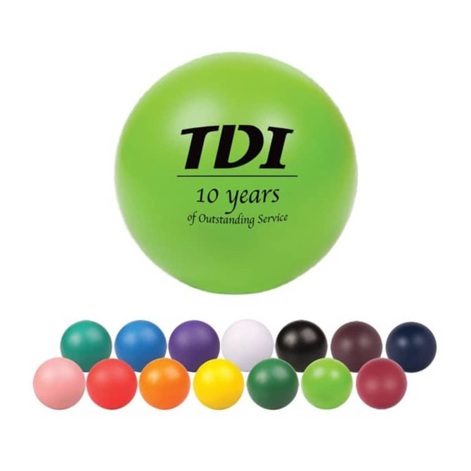 A green 50mm ball shape stress reliever with a logo, surrounded by various coloured balls in different shades.