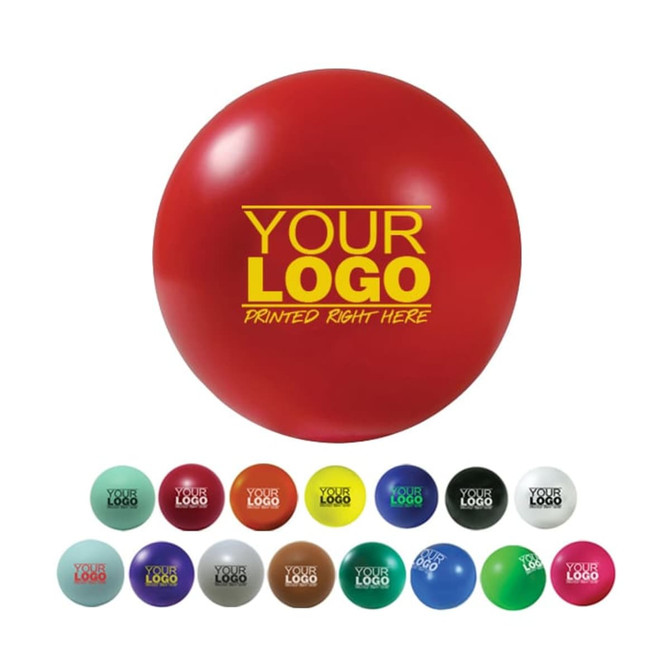 A red 50mm ball-shaped stress reliever with a logo, alongside various coloured stress balls in a lineup.