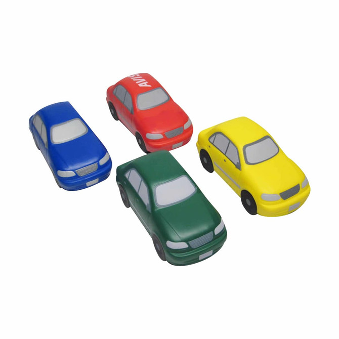 A set of four car-shaped stress relievers in blue, red, green, and yellow, each featuring simple designs and logos.