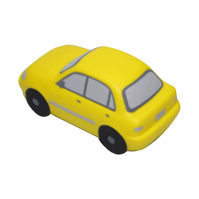 A yellow sedan car-shaped stress reliever with black wheels and grey detailing. It has a simple design and a logo.