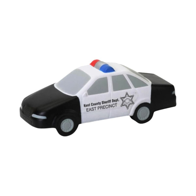 A black and white police car-shaped stress reliever with blue and red lights and a logo on the side.
