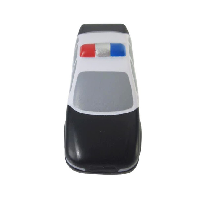 A police car-shaped stress reliever in black and white with red and blue lights on top.