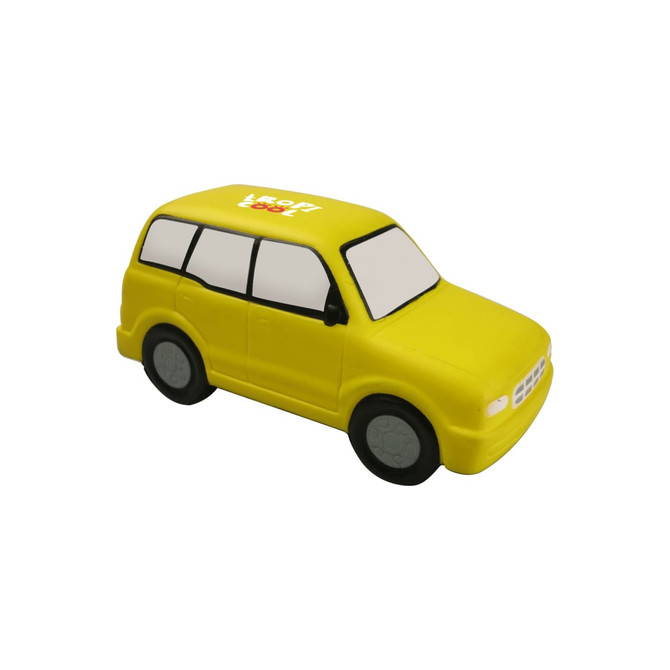 A yellow minibus-shaped stress reliever with black wheels and a logo on top.