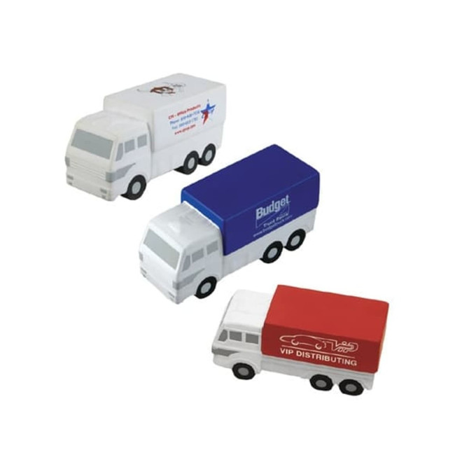 A set of three stress relievers shaped like delivery vans, featuring colours of red, blue, and white with various logos.