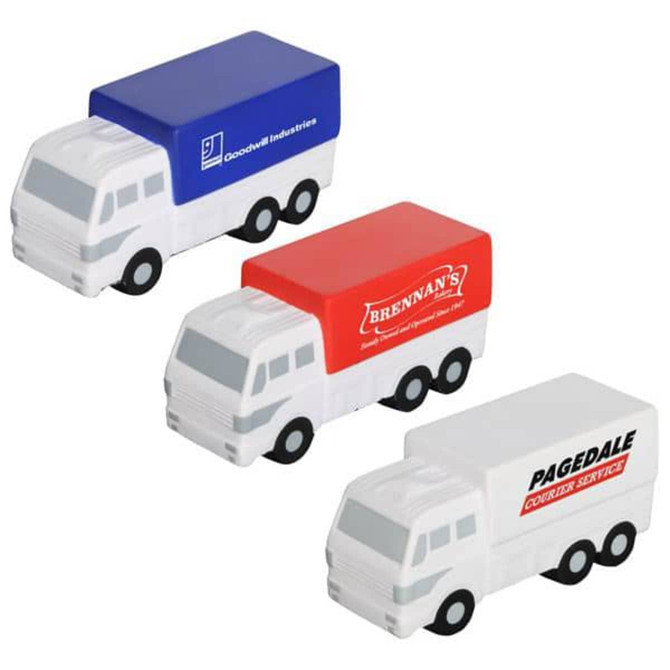 Three miniature truck-shaped stress relievers in blue, red, and white, featuring various branding designs.