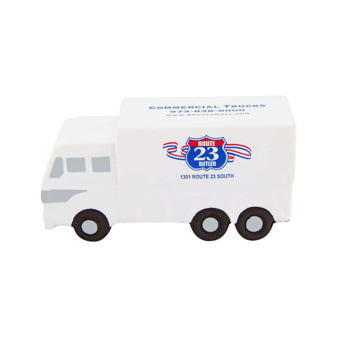 A white goods van-shaped stress reliever with black wheels and a logo on the side.