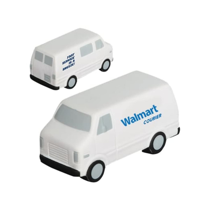 A white stress reliever shaped like a van, featuring small wheels and a logo.