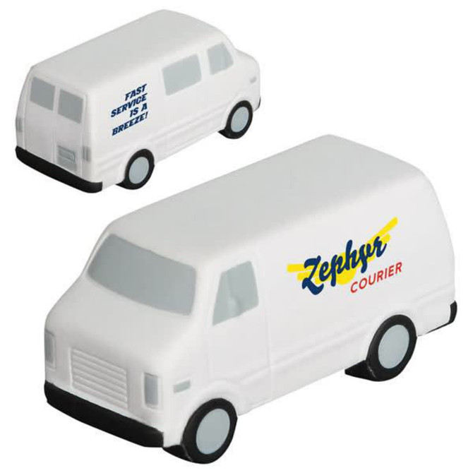 A white van-shaped stress reliever with black wheels and a branding logo on the side.