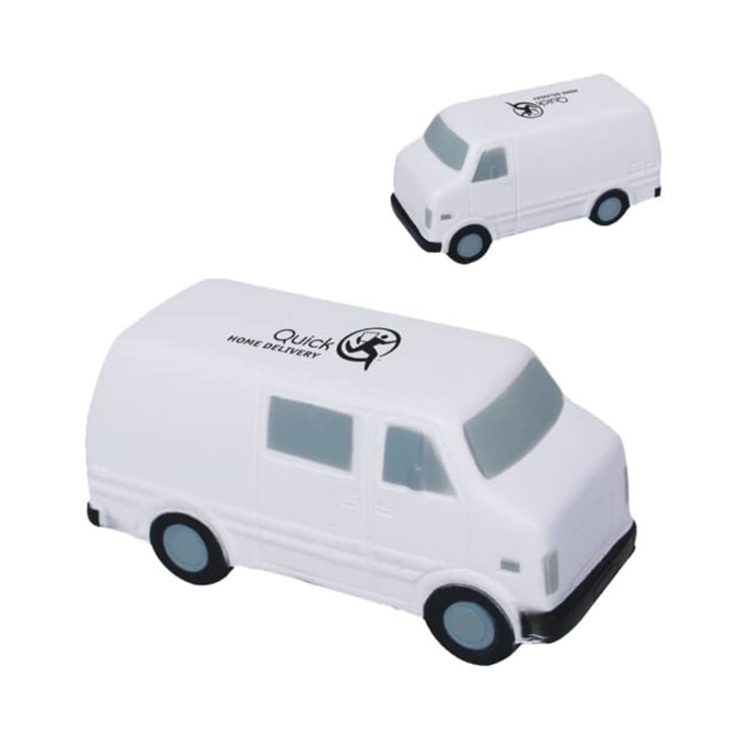 A white van-shaped stress reliever featuring a logo, ideal for fun and games.