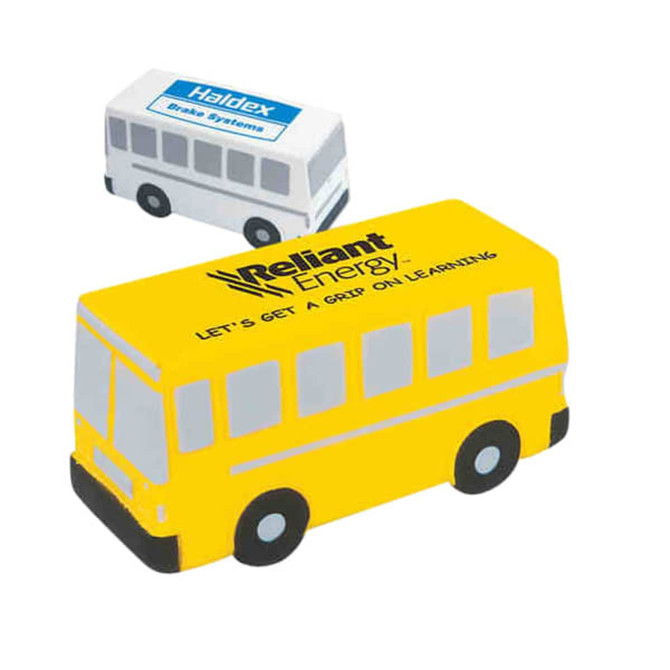 A yellow bus-shaped stress reliever with a logo and a smaller white bus stress reliever in the background.