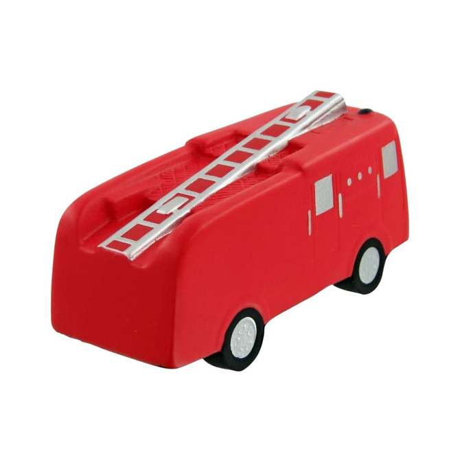 A red fire truck-shaped stress reliever with a silver ladder and black wheels, featuring a logo.