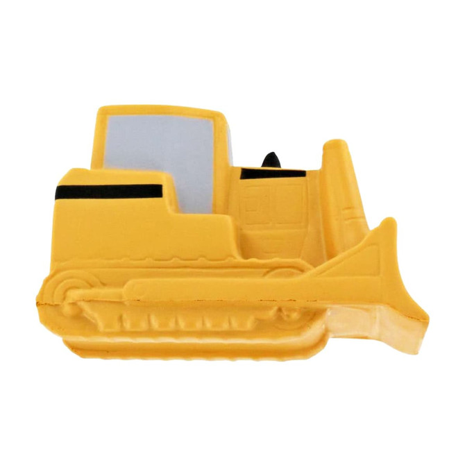 A yellow bulldozer-shaped stress reliever with detailed features, including a black stripe and grey window.