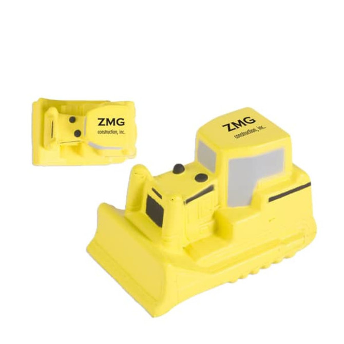 A yellow bulldozer-shaped stress reliever with a logo on it, designed for fun and stress relief.