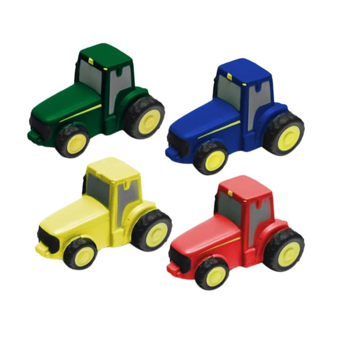 A set of four tractor-shaped stress relievers in green, blue, yellow, and red, with black wheels.